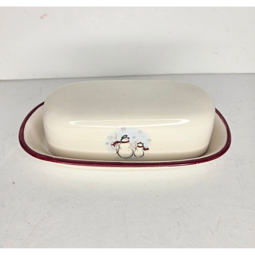 Snowman Family Ceramic Butter Dish with Lid Red Trim Winter Holiday Decor - Picture 11 of 11
